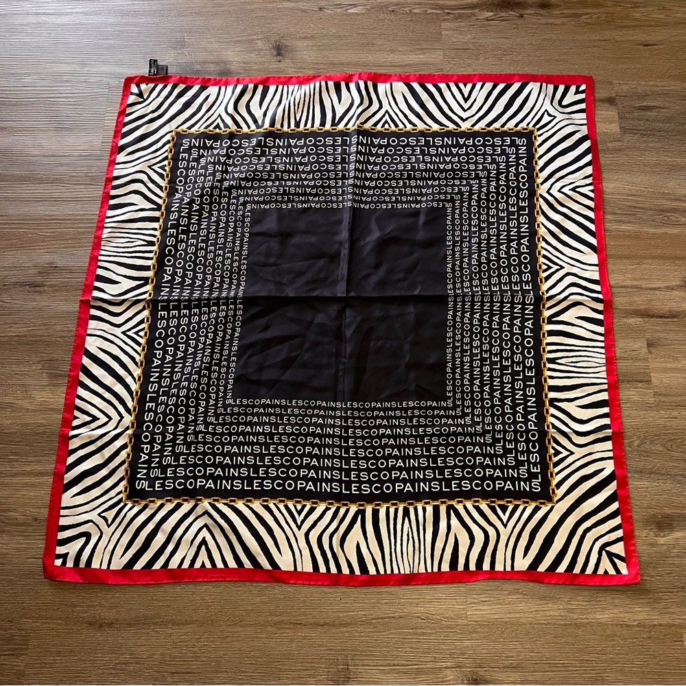 Les Copains Black Zebra Print Silk Scarf with Red Border